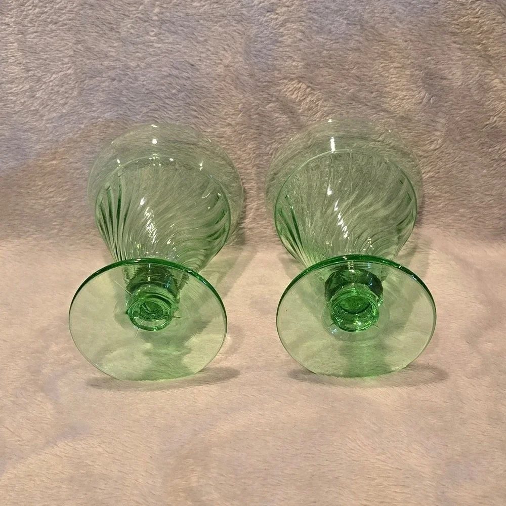 Vintage Duncan & Miller Spiral‎ Flutes Green 8 oz. Footed Water Tumbler Set of 2